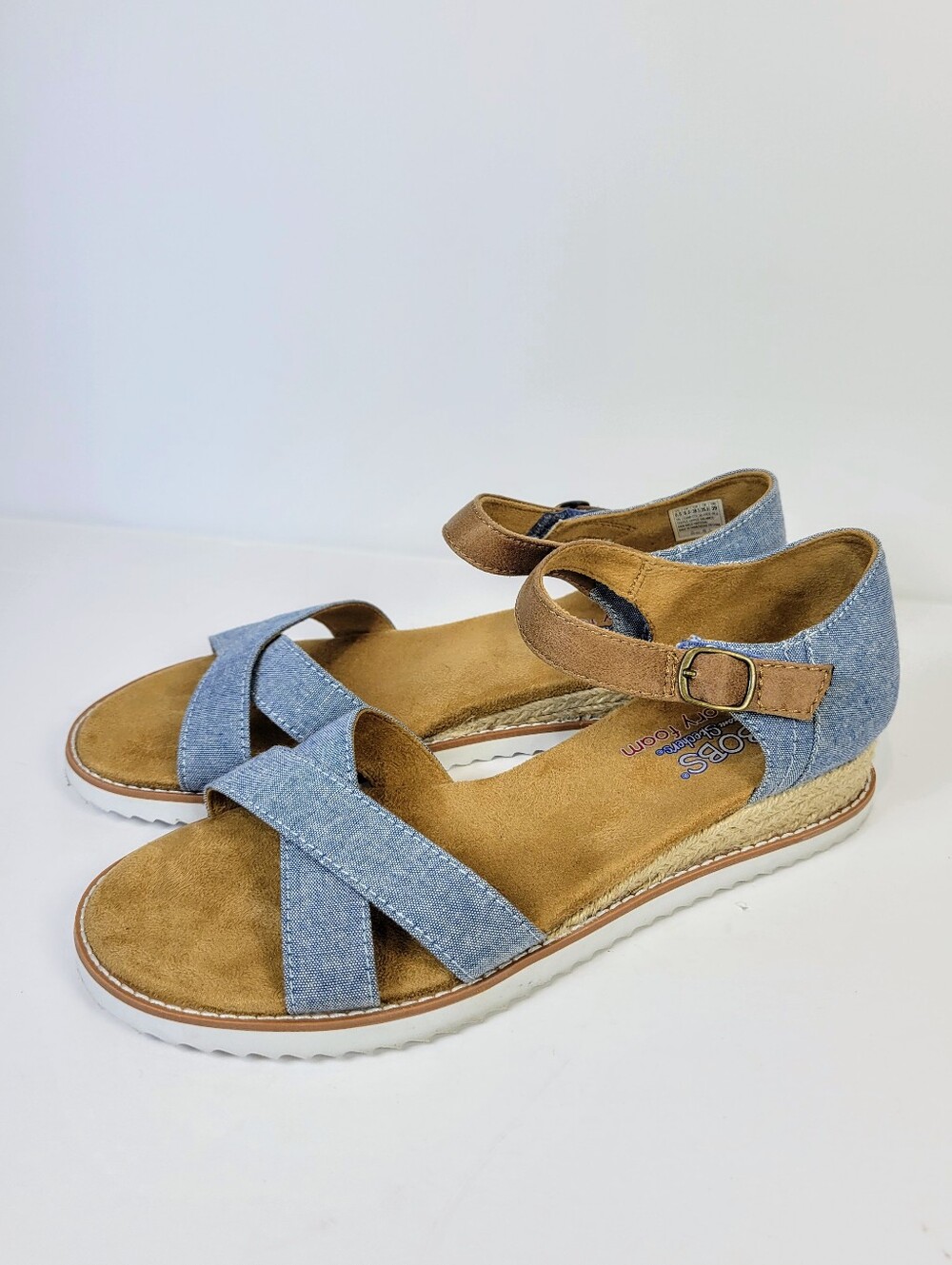 Sketchers Bob Denim Criss Cross Ankle Strap Espadrille Wedge Sandals Boho Chic
